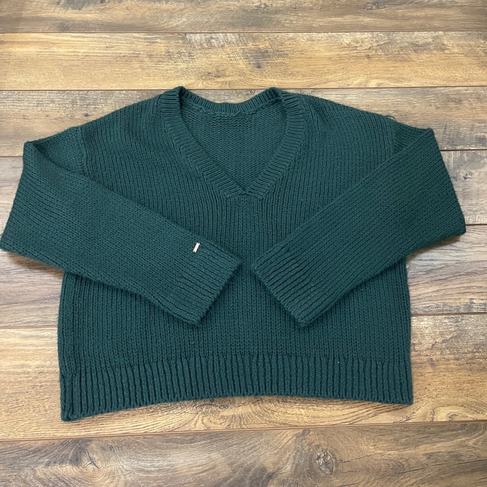 Victoria's Secret PINK Green Chunky Knit V-Neck Sweater Large Forest Green Cozy